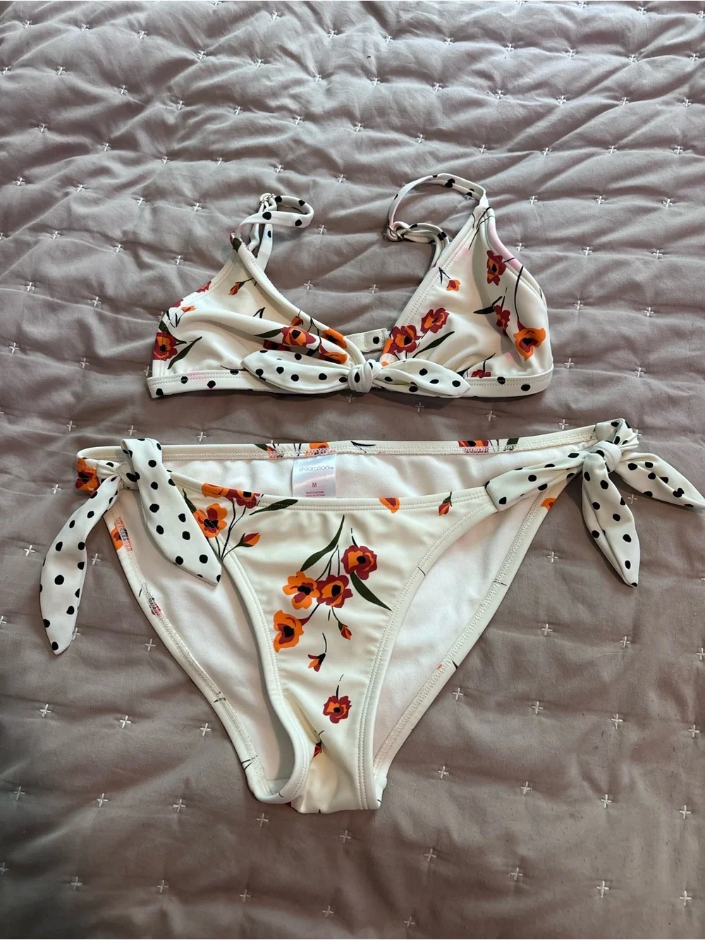 Xhilaration White Floral Bikini Set with Orange Flowers and Black Polka-Dot Ties